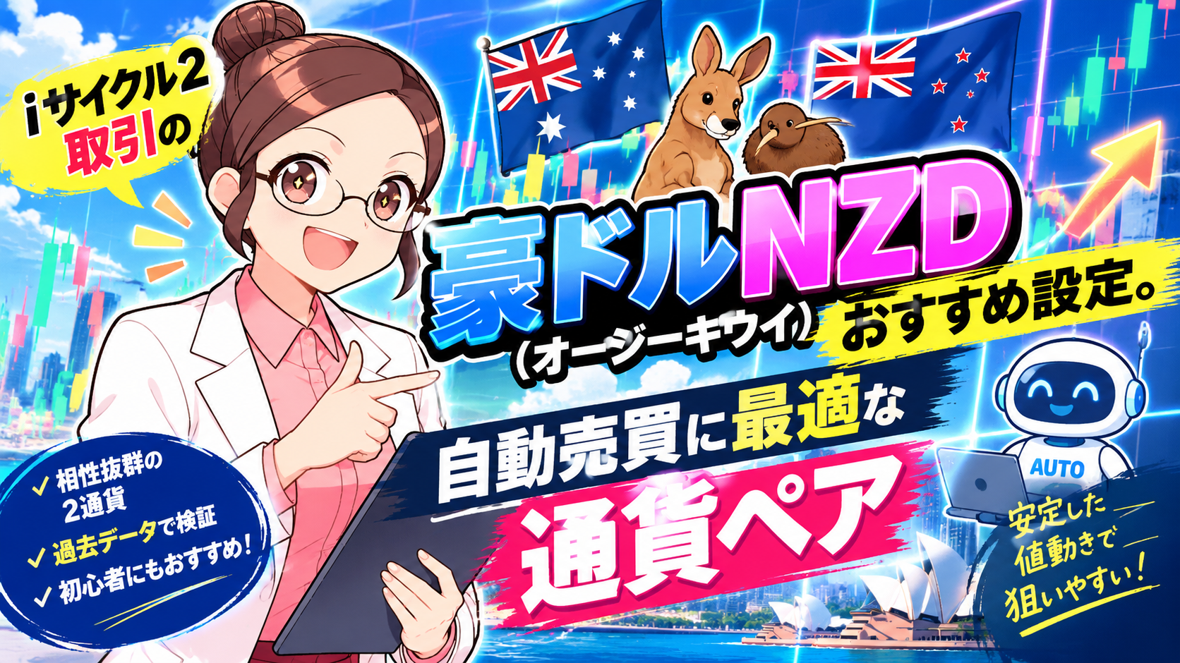 iサイクル2取引の豪ドルNZD(オージーキウイ) おすすめ設定。自動売買に最適な通貨ペア