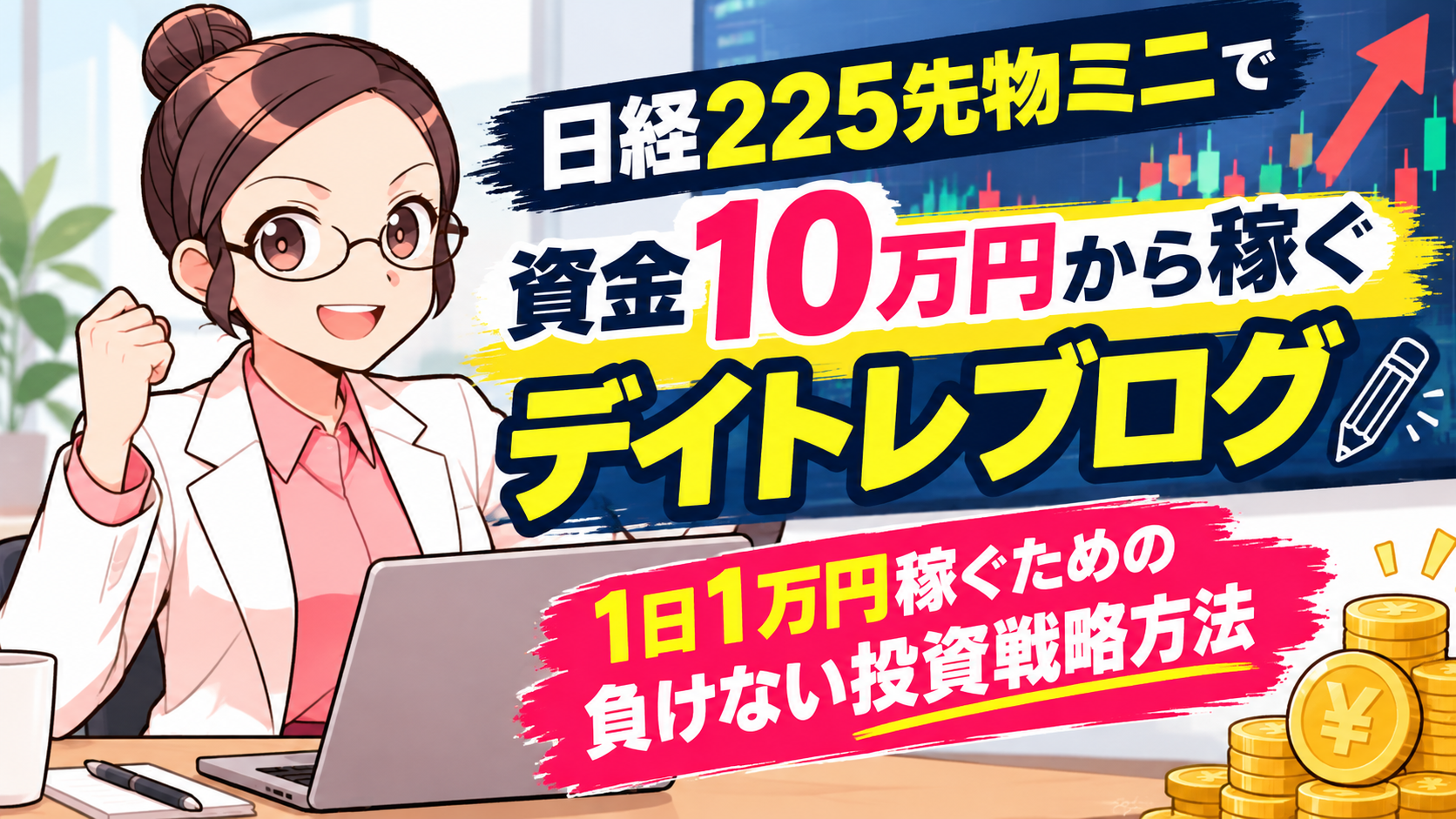 日経225先物ミニで資金10万円から稼ぐデイトレブログ。1日1万円稼ぐための負けない投資戦略方法